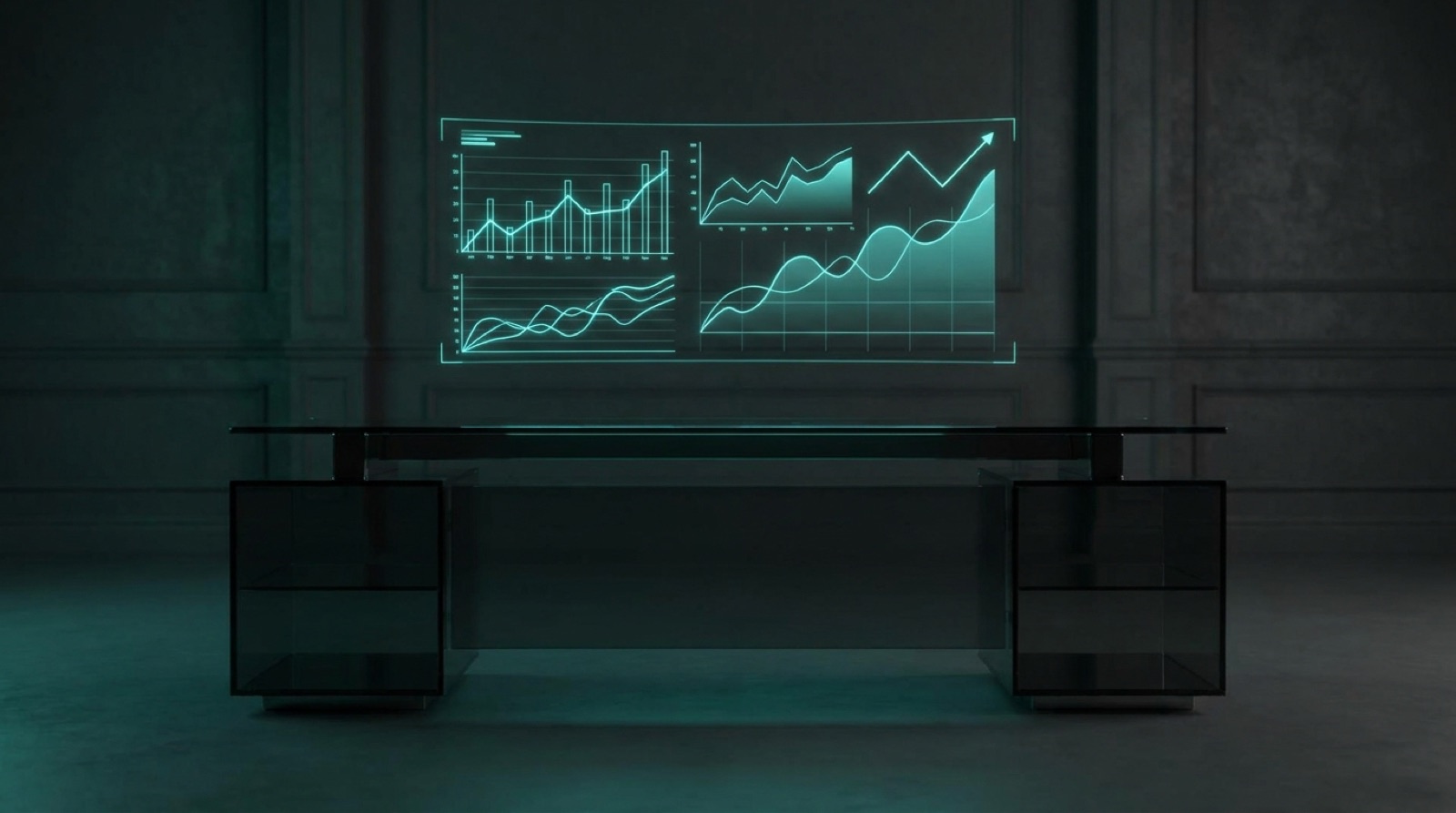 A dark glass desk with a holographic dashboard of teal charts trending upward
